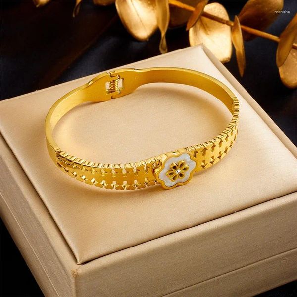 Bracelet mode Niche Simple trajet rétro haut de gamme coquille fleur large visage métal doré titane acier Bracelet pour femmes bijoux.