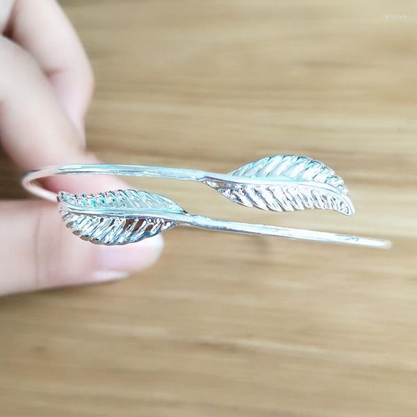 Bangle Fashion Silver Color simple Simple Single Circle Feathers Femme Femme Femme Leaf Mujeres Open Jewelry Regalos