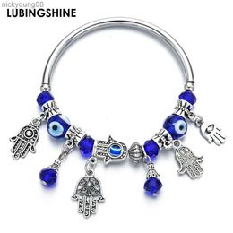 Bangle Mode Turkije Blauw Boze Oog Hamsahand Fatima Palm Armbanden voor Vrouwen Mannen Manchet Elastische Strand Kralen Charms Armband JewelryL2403