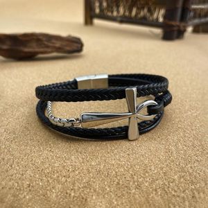Brazalete de moda Vintage multicapa pulsera de cuero trenzado personalizado para hombres y mujeres Cruz de acero inoxidable regalo al por mayor