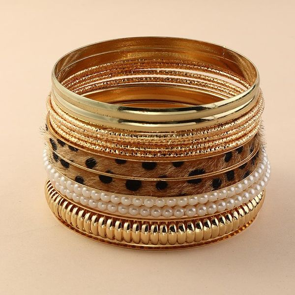 Brazalete Joyería occidental de moda Brazaletes de metal 12 piezas Pulsera de oro con perlas de leopardo multicapa simple para mujeres y niñas