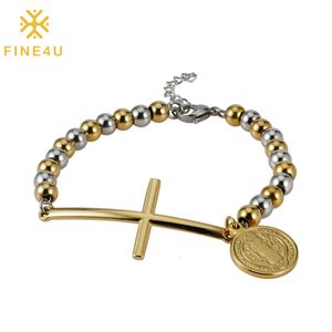 Bracelet FINE4U Bracelets religieux catholiques Saint Benoît 6 mm Bracelet chaîne de perles Crucifix Croix San Benito Médaille pour la protection 230926