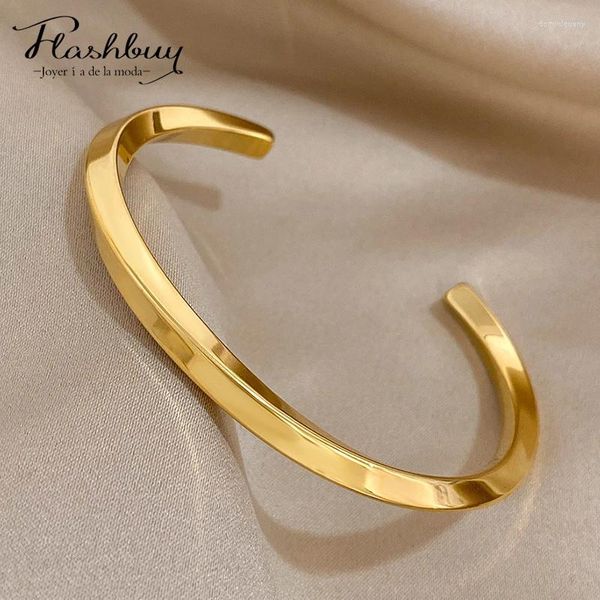 Bracelet FLASHBUY 316L acier inoxydable Simple couleur or manchette bracelets pour femme hommes à la mode étanche bijoux cadeau