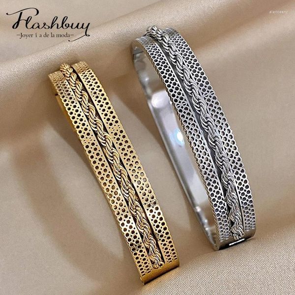 Bracelet Flashbuy couleur or épais torsadé large bracelets en acier inoxydable bracelets pour femme hommes à la mode conception unique bijoux imperméables