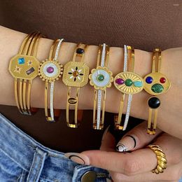Brazalete Flashbuy Trend Chic con incrustaciones de piedra de color circón brazaletes de acero inoxidable pulseras para mujeres 18K placa de oro joyería de moda