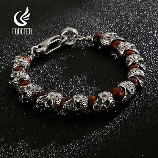 Bracelet Fongten 22.5 cm Bracelet crâne pour hommes bracelet en acier inoxydable Bracelet perlé mâle or argent couleur squelette bijoux ldd240312