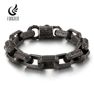 Bracelet Fongten Vintage Bracelet de perles carrées pour hommes en acier inoxydable noir Viking Punk Charms Bracelets lourds bijoux de mode en gros 230911