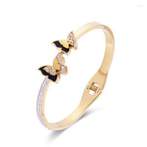 Bracelet pour femmes en forme de papillon en acier inoxydable brillant contient des coquillages et des Zircons cristal manchette Bracelet à la main bijoux en gros