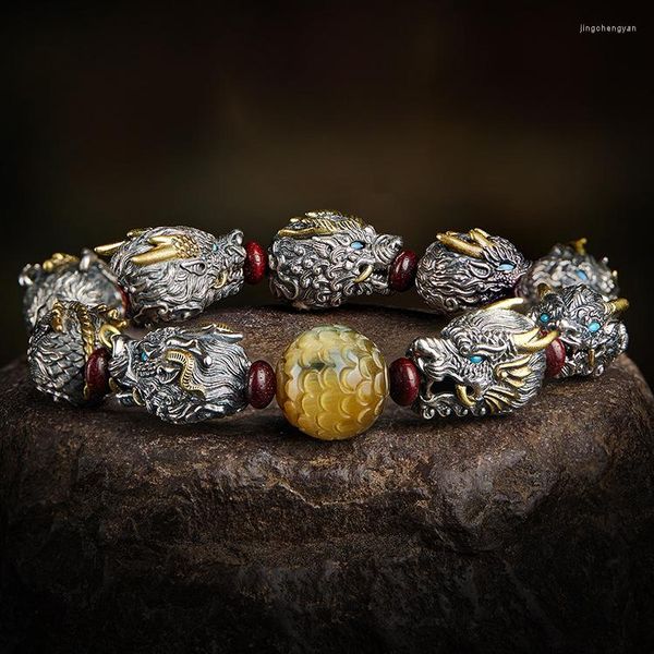 Bracelet FoYuan couleur argent Wen jouer petite feuille rouge bois de santal Dragon né neuf enfant chaîne de poche bijoux pour hommes