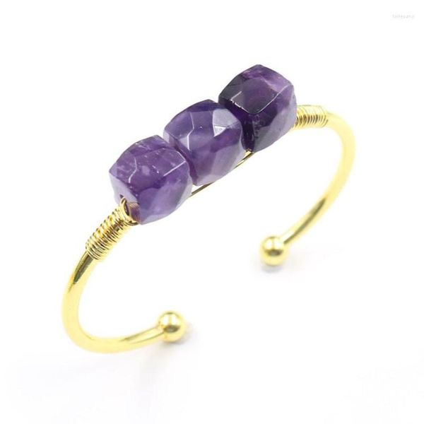 Bracelet FYJS Unique couleur or jaune clair forme géométrique empilable améthystes cristal ouvert oeil de tigre pierre bijoux