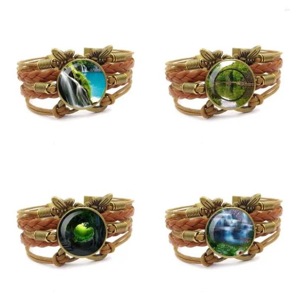 Brazalete de cabujón de cristal multicapa, pulsera de cuero marrón, joyería de piedra del tiempo, hermoso paisaje para niñas, regalo bonito