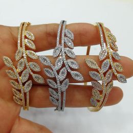 Bangle Godki Maxi Size 3 Colors Leaf Bracelet For Women Wedding Party Zirkon Crystal Engagement Dubai Bridal Jewelry Gifts
