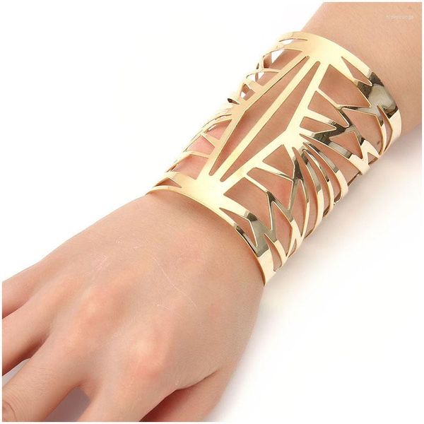 Bracelet couleur or métal lisse creux large Punk pour femmes déclaration ouverte longs grands bracelets Cool bijoux accessoire