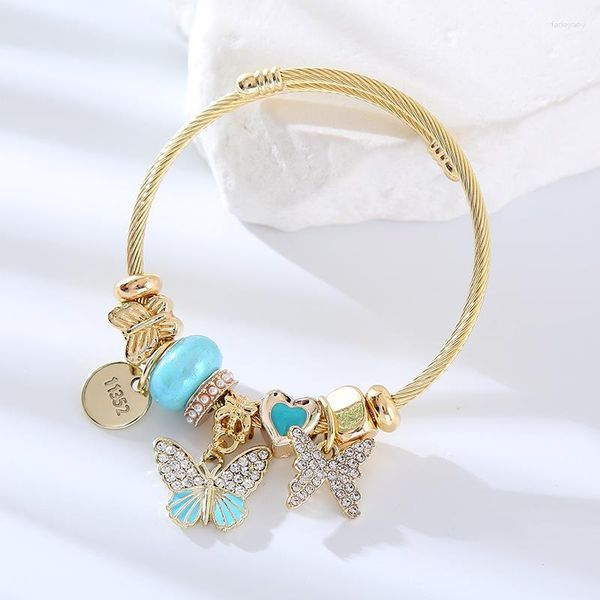 Bracelet papillon en acier inoxydable couleur or, ensemble de bijoux redimensionnables en cristal