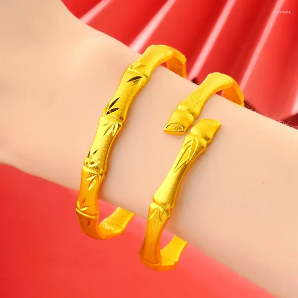 Brazalete Pulsera abierta de bambú chapada en oro para mujer Flor Push Pull Herencia Hoja Moda Regalo de cumpleaños