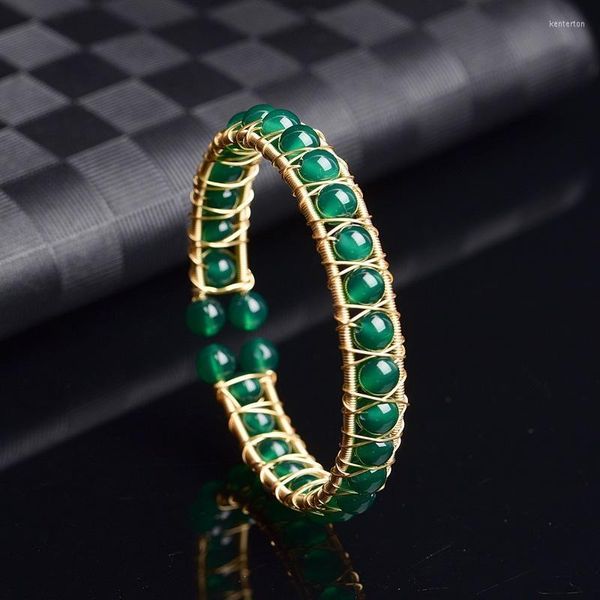 Bracelet plaqué or incrusté de jade vert naturel Bracelet pour femme Style ethnique fait à la main Taille réglable BraceletBangle Kent22
