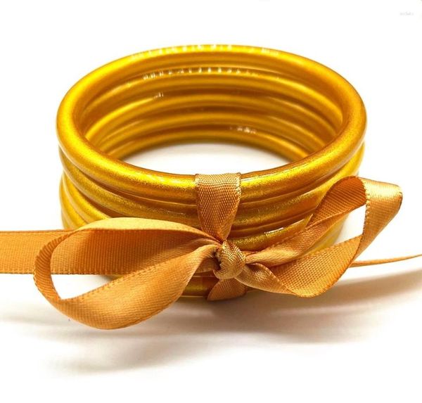 Brazalete con purpurina dorada, conjunto de brazaletes rellenos para mujer, pila de silicona, círculo, lazo, gelatina, pulsera navideña, joyería, 5 unidades/juego