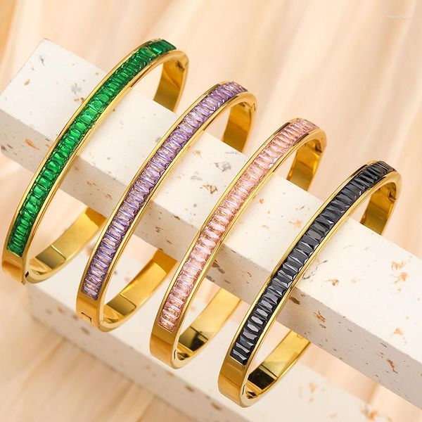 Brazalete GoodStainless Pulsera Ancha De Acero Con Circonita Cuadrada Diferentes Colores