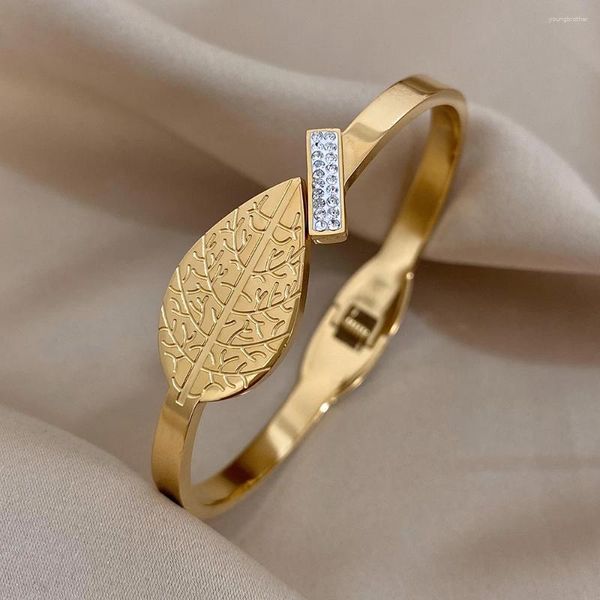 Brazalete greera 18K dorado chapado en grano de hojas grandes de acero inoxidable brazaletes para mujeres pulsera de diez diillos antinizas joyas impermeables