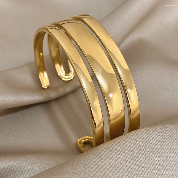 Brazalete Greatera Chunky tres capas lisas de acero inoxidable de acero inoxidable para mujeres joyas impermeables de metal chapado en oro