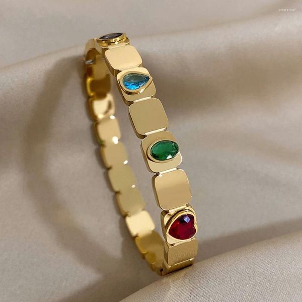 Brazalete greera incrustado corazón colorido oval oval de circonía cúbica brazaletes de acero inoxidable pulseras para mujeres joyas impermeables chapadas en oro