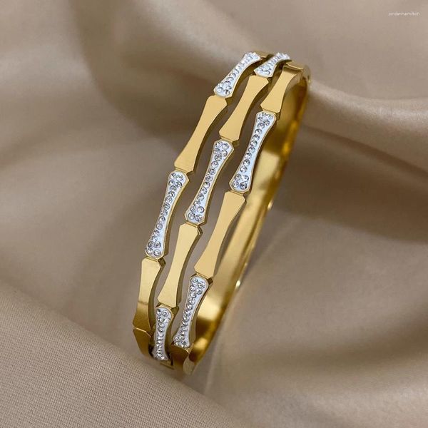 Brazalete gastero incrustado de diamantes de diablo dhinestone bambú de acero inoxidable pulseras de brazaletes para mujer pulsera chapada de oro joyas impermeables