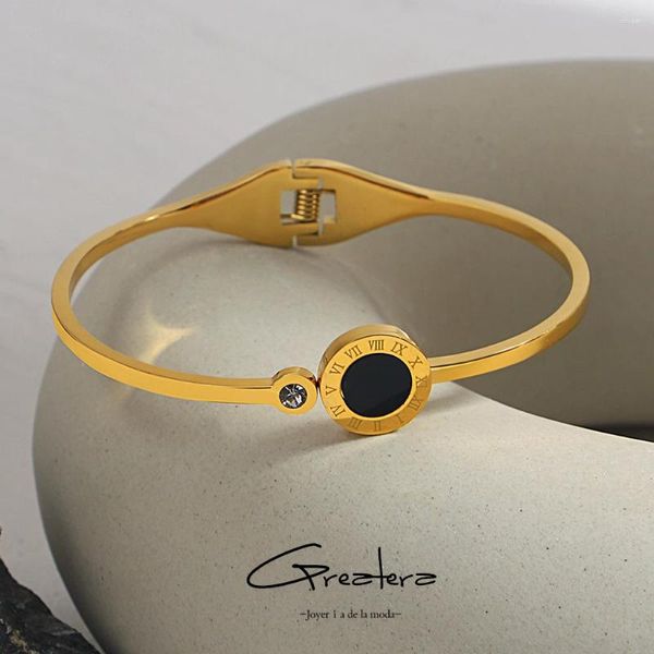 Brazalete Greatera de acero inoxidable redondo negro acrílico números romanos brazaletes para mujeres chapado en oro joyería de encanto impermeable