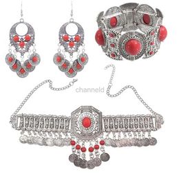 Bangle Gypsy Ketting Armband Oorbel Sets voor Vrouwen Boho Hippie Munt Kwastje Rood Blauw Turkse steen Tribal Sieraden Set Feestcadeau 240319