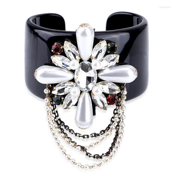 Bracelet HAHATOTO tendance résine noire incrustée à la main cristal perlé fleur déclaration femmes bijoux 3308BangleBangle Inte22