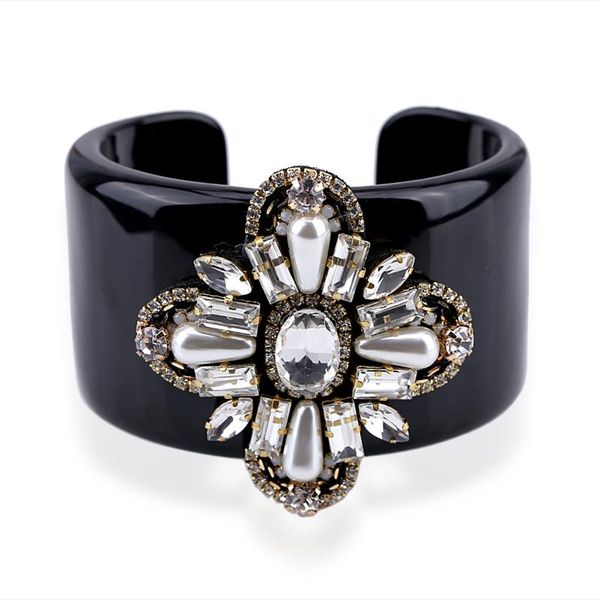 Bracelet HAHATOTO À La Mode Noir Résine Incrusté À La Main Cristal Perlé Fleur Déclaration Femmes Bijoux 3297