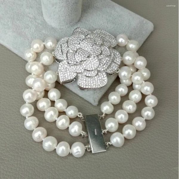 Brazalete anudado a mano de 3 filas de 8-9mm, pulsera de perlas blancas de agua dulce, cierre de flores de circón con microincrustaciones de 20cm para mujer, joyería de moda