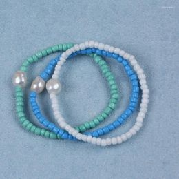Bracelet artisanal Bracelet perles de verre longueur 19cm à vendre couleur bleue trois rangées Bracelets de perles d'eau douce