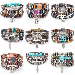 Bangle handgemaakte Boho Gypsy Hippie Design bruin lederen veerarmbanden Boheemse stijl kralen meerlaagse wrap 230926