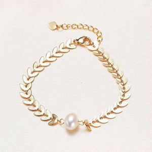 Brazalete hecho a mano aleación de cobre oreja de trigo pulsera de perlas de agua dulce blancas naturales cadena de extensión ajustable