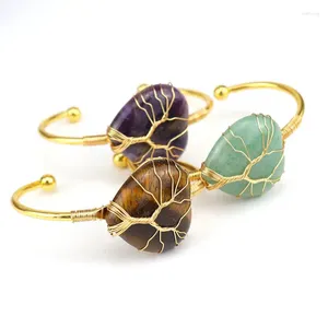 Brazalete hecho a mano con alambre de cobre envuelto en forma de corazón, pulsera de árbol de la vida, piedras semipreciosas, pulseras de cristal de roca Natural