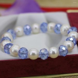 Bangle Handgemaakte Geknoopte Armband Natuurlijke 10-11mm Witte Zoetwaterparels En Blauwe Jade 20cm Voor Vrouwen sieraden Mode Gift