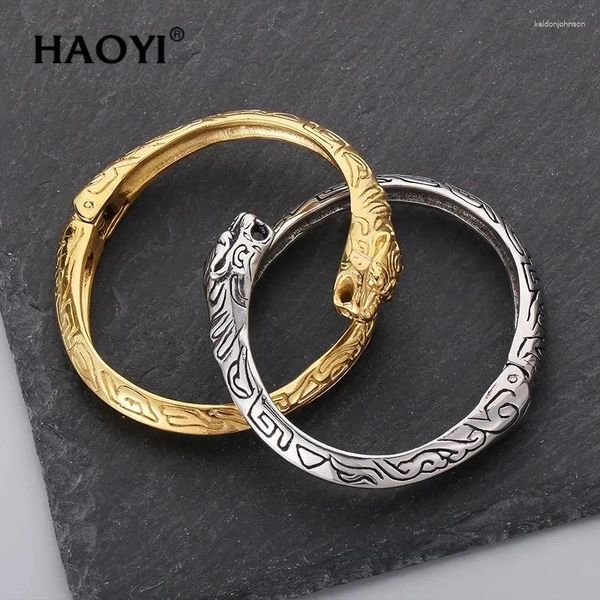 Bracelet haoyi 60x13mm de léopard dominant masculin bracelet de texte vintage bracelet en acier inoxydable or / argent couleur charmante bijoux