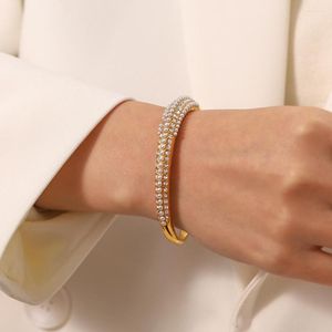 Bracelet de haute qualité délicat trois couches de perles de Zircon, plaqué or 18 carats, Texture minimaliste, bijoux de marque
