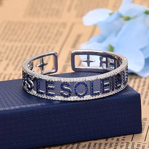 Brazalete de gama alta con letras clásicas para mujer, joyería de marca de moda, exquisito brazalete abierto de circonia azul, el mejor regalo Zk35