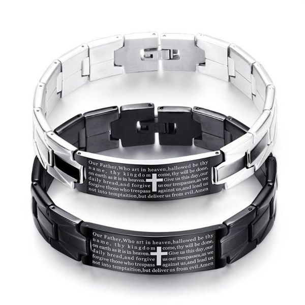 Brazalete Santa Biblia Cruz Hombres Pulsera Negro Acero inoxidable Correa de reloj Chapado en plata Regalo de joyería para mujeres 321i