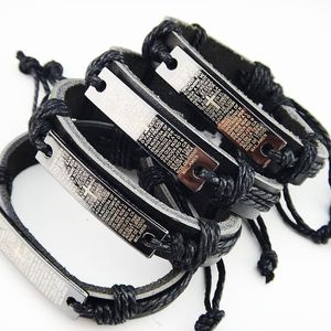 Brazalete Venta caliente Religiosa 12 unids Acero inoxidable Cuero Negro Biblia Cruz Pulseras Brazaletes Para Mujer Para Hombre Joyería Al Por Mayor Lotes A2111