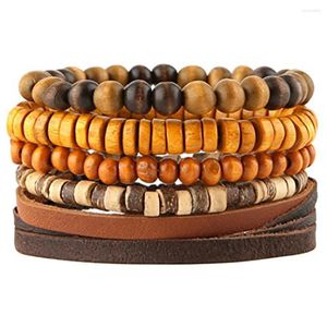 Bangle hzman mix 5 wrap armbanden mannen vrouwen kokosnootschaal houten kralen etnische tribale lederen polsbandjes