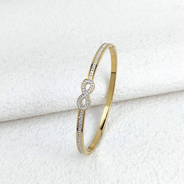 Símbolo de brazalete Infinito Cristal Circón Brazaletes para mujeres Postones de joyas de oro de acero inoxidable de lujo Regalos de San Valentín