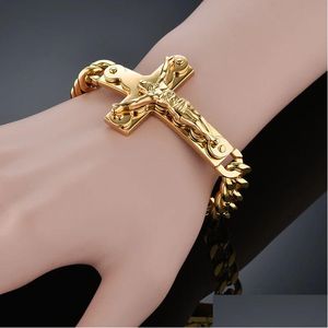 Bangle Jesus Cross Heren 14K Geel Gouden Armband Mannelijke Pseira Armbanden Kleur Pols Armbanden Voor Mannen Sieraden Drop Levering Sieraden Brac Dhofj