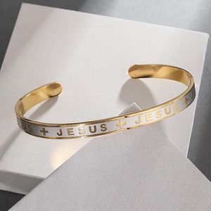 Bracelet jésus croix étagère jaune et blanc en acier inoxydable lettres hommes dames prière religieuse foi bijoux Bracelet
