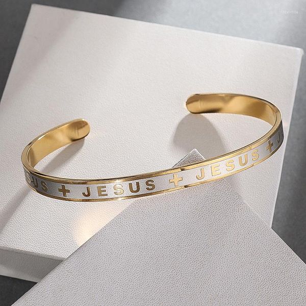 Brazalete Jesús Cruz estante amarillo y blanco letras de acero inoxidable hombres señoras oración religiosa fe joyería pulsera