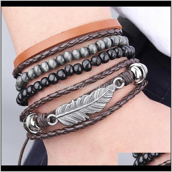 Brazalete Joyería Drop Entrega 2021 Boho Vintage Hoja Pluma Hombres Multicapa Pulsera de cuero Moda Hecho a mano Trenzado Cuerda Wrap Male Brac