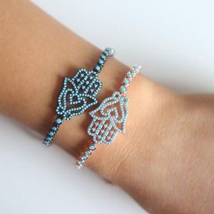 Brazalete Fábrica de joyería para cobre Moda Micro Pave Turquesas Hamsa Conector de mano Pulsera de tenis Mujeres al por mayor1