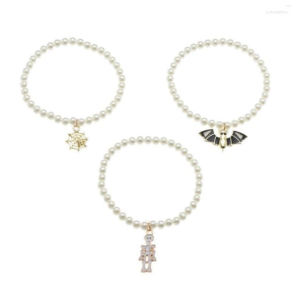 Paquetes de joyería de brazalete para mujer, colgante creativo de murciélago de Metal, perla, pendientes de aro de gota de Halloween, relojes de madera