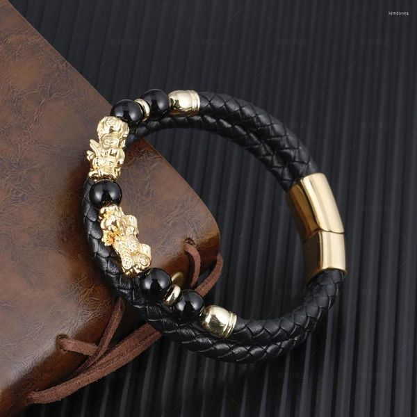 Bracelet bijoux Simple et créatif noir multicouche en cuir véritable Bracelet pour hommes fermoir magnétique bouton Vintage tresse